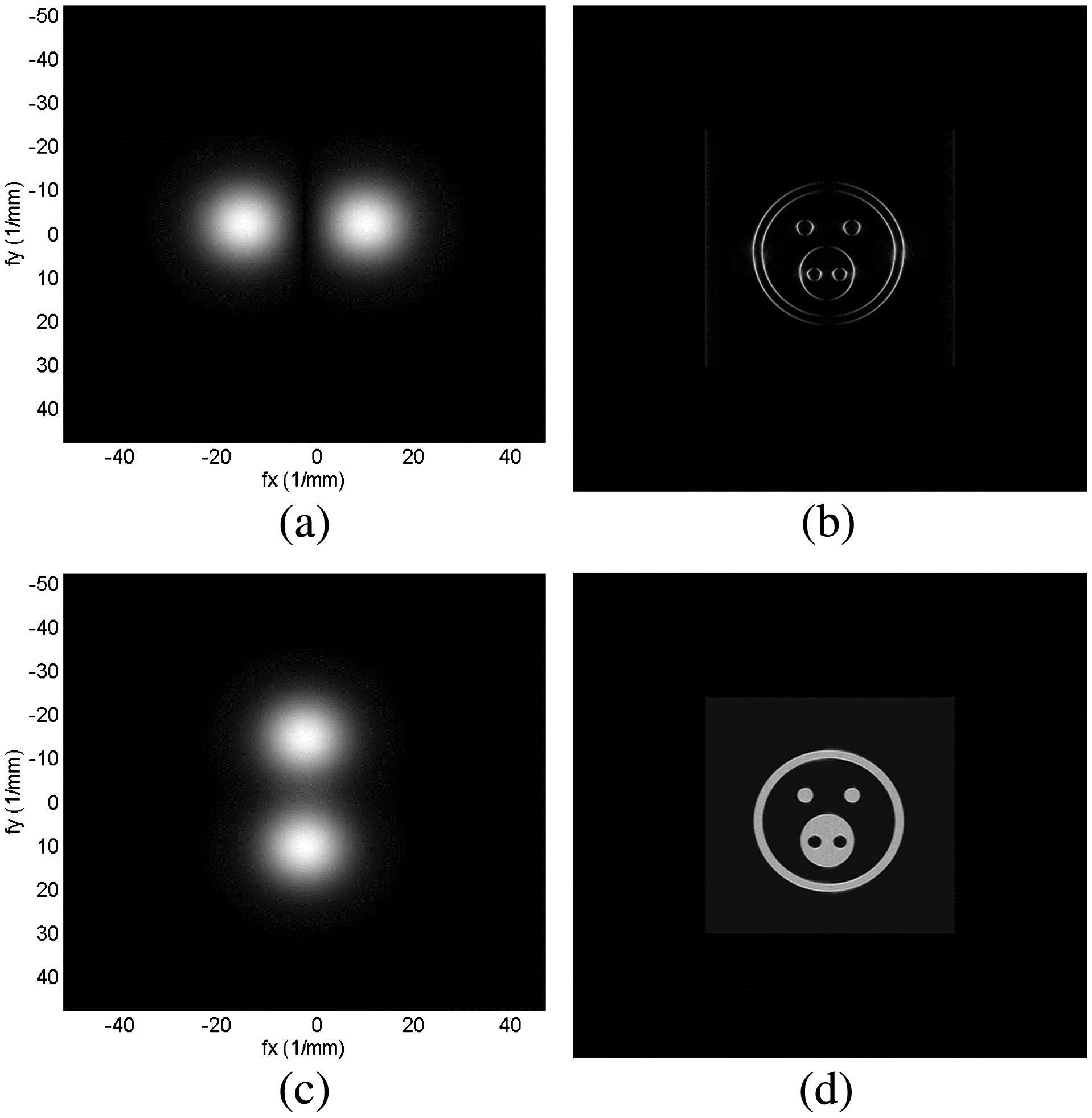 (a) |OTF| and (b) reconstructed image of the two-offset SPPs as a pupil with opposite charges and 2.5 mm shift, (c) |OTF| and (d) reconstructed image of the two-offset SPPs as a pupil with opposite charges in the vertical direction.