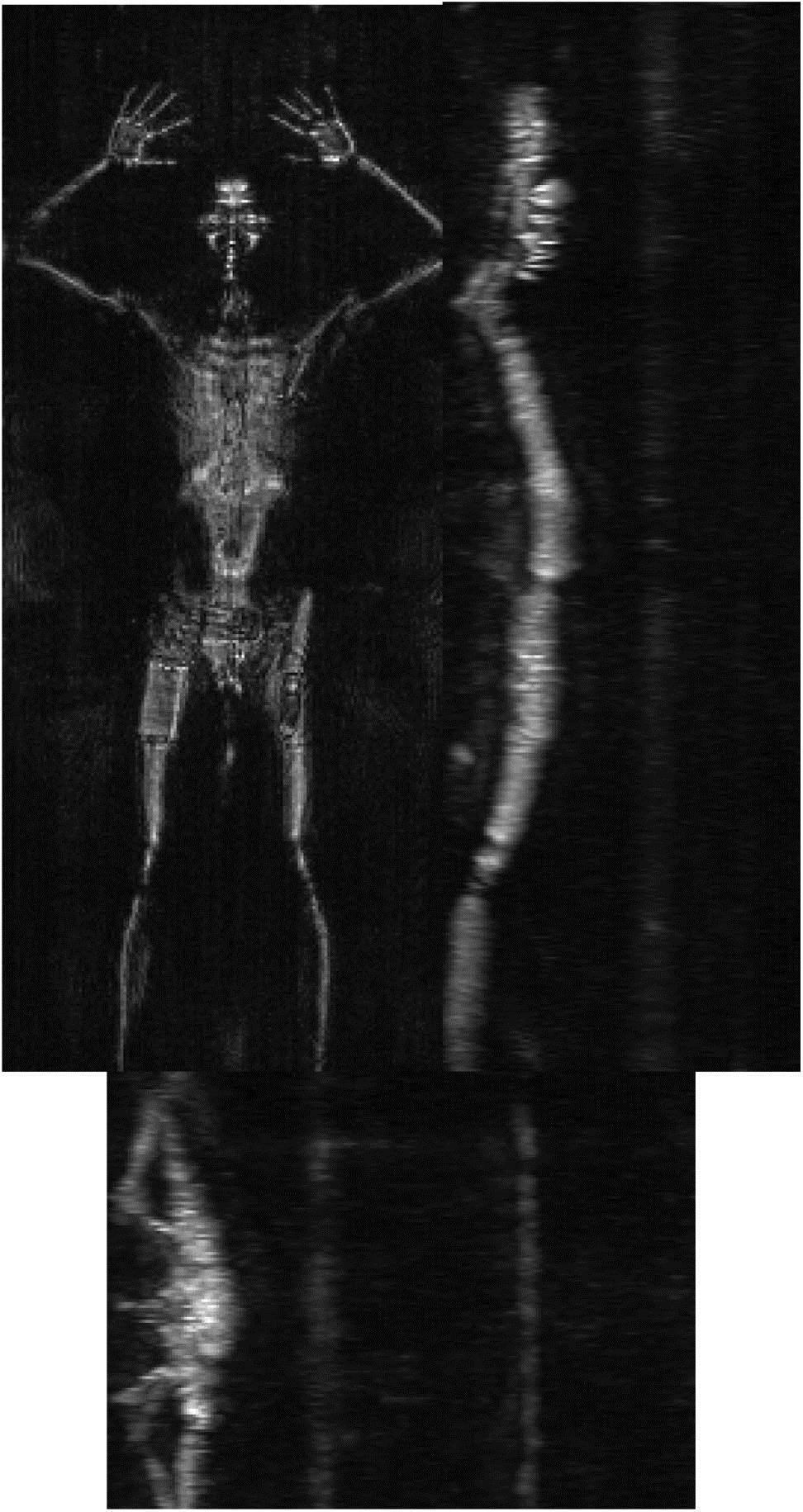 Original reconstructed image of a person with hands raised (front, side, and top views of the picture).
