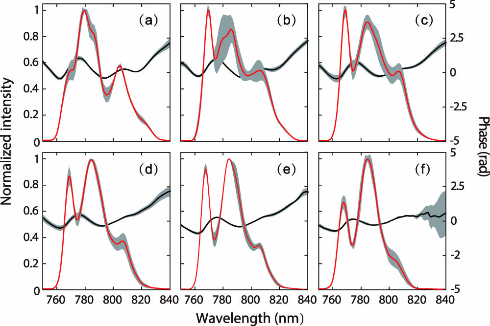 Retrieved spectral intensity (red line) and phase (black line) of the PM-reflected laser beam with the same laser fluence as in Fig. 2. The shaded area in each plot is due to shot-to-shot fluctuations.