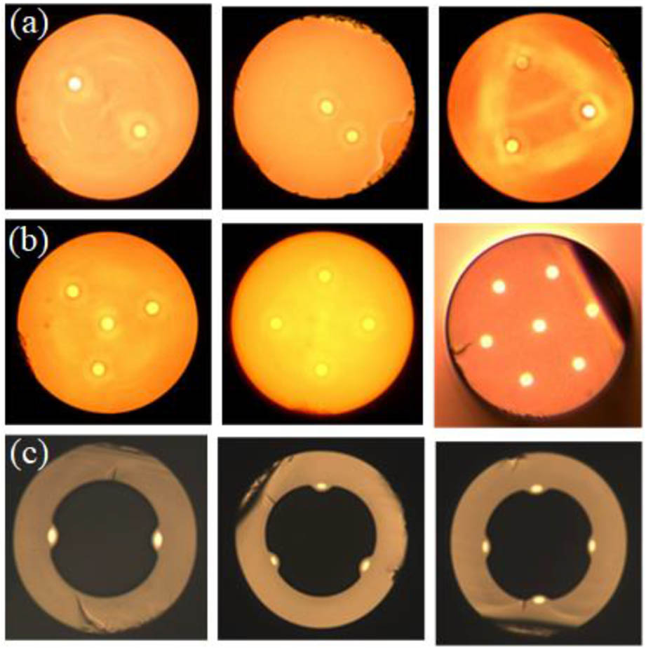 Optical path separated multi-core fibers. (a) Twin-core and three-core fibers. (b) Four-core and seven-core fibers. (c) Central holey multi-elliptic-core fibers.