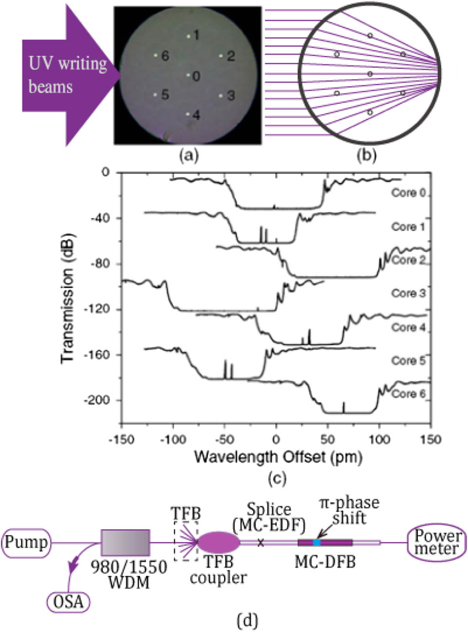 Seven-core fiber multi-laser and experimental setup. (a) Lateral UV beams on seven-core fiber. (b) Ray trajectory of UV writing beam exposing all cores without obstruction. (c) Transmission spectrum of each core measured by a scanned laser. (d) Experimental setup for measuring the MC-DFB.