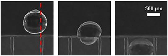 Sinking of the silicone oil droplet with a deviation from the center.