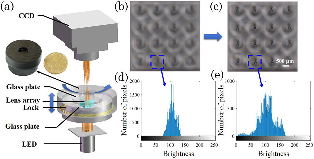 (a) Imaging system for evaluating the imaging performance of the lens array. Inset: the customized lens mount. The image array of the letters (b) before and (c) after the tuning. The contrast of the image formed by a lens (d) before and (e) after the tuning.