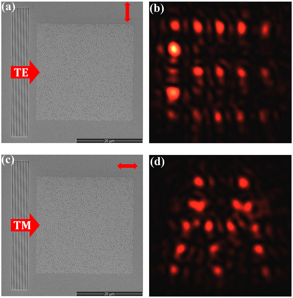 (a) and (c) The SEM images of a couple-in grating and a multiplexed hologram by TE0 and TM0. The size of the nanoscatterers array is 30 μm×30 μm due to the loss of TM mode. The red arrow in the upper-right corner represents the polarization of the incident lights and the red arrow in the center-left with the letters ‘TE’ or ‘TM’ represents the excited guided mode. (b) and (d) The experimental measurements of the capital letters ‘E’ and ‘M’ images decoded from the multiplexed hologram according to TE and TM mode excitation, respectively.