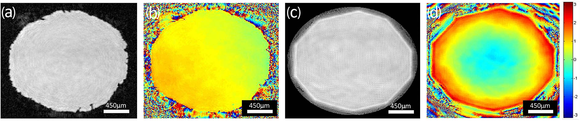(a) Reconstructed amplitude and (b) phase of the incident beam at the aperture plane at a wavelength of 632 nm by the beam splitting phase retrieval algorithm; (c) reconstructed amplitude and (d) phase of the incident beam at the aperture plane at a wavelength of 1053 nm by the beam splitting phase retrieval algorithm.