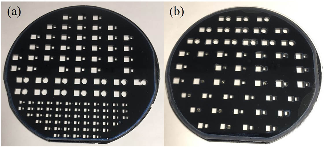 (a) Image of the etched silicon wafer. (b) Image of the fabricated bonded silicon wafer.