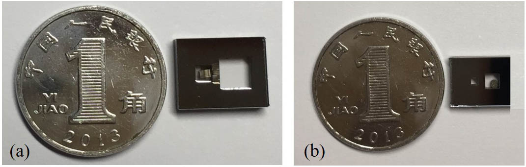 Vapor cells of different optical cavity lengths compared with a dime: (a) 4 mm long and (b) 1 mm long.