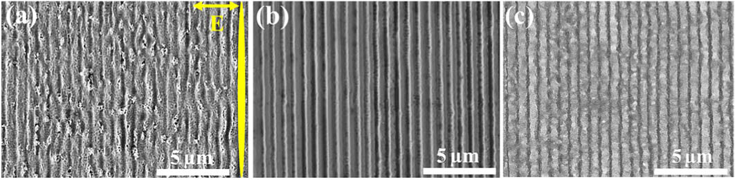 (a) Subwavelength periodic ripples by direct writing with a single laser beam. (b) RUSNGs ripples fabricated by direct writing of two-beam interference. (c) RUSNGs ripples without etching in HF solution. The double arrow E represents laser polarization, and the narrow ellipse represents the laser focus.