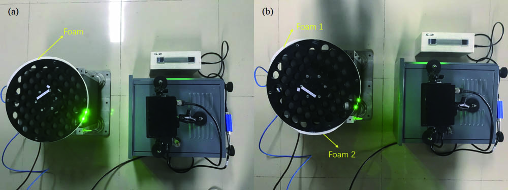 Photo of radius sensitivity experiment: (a) a piece of foam, (b) two pieces of foam.