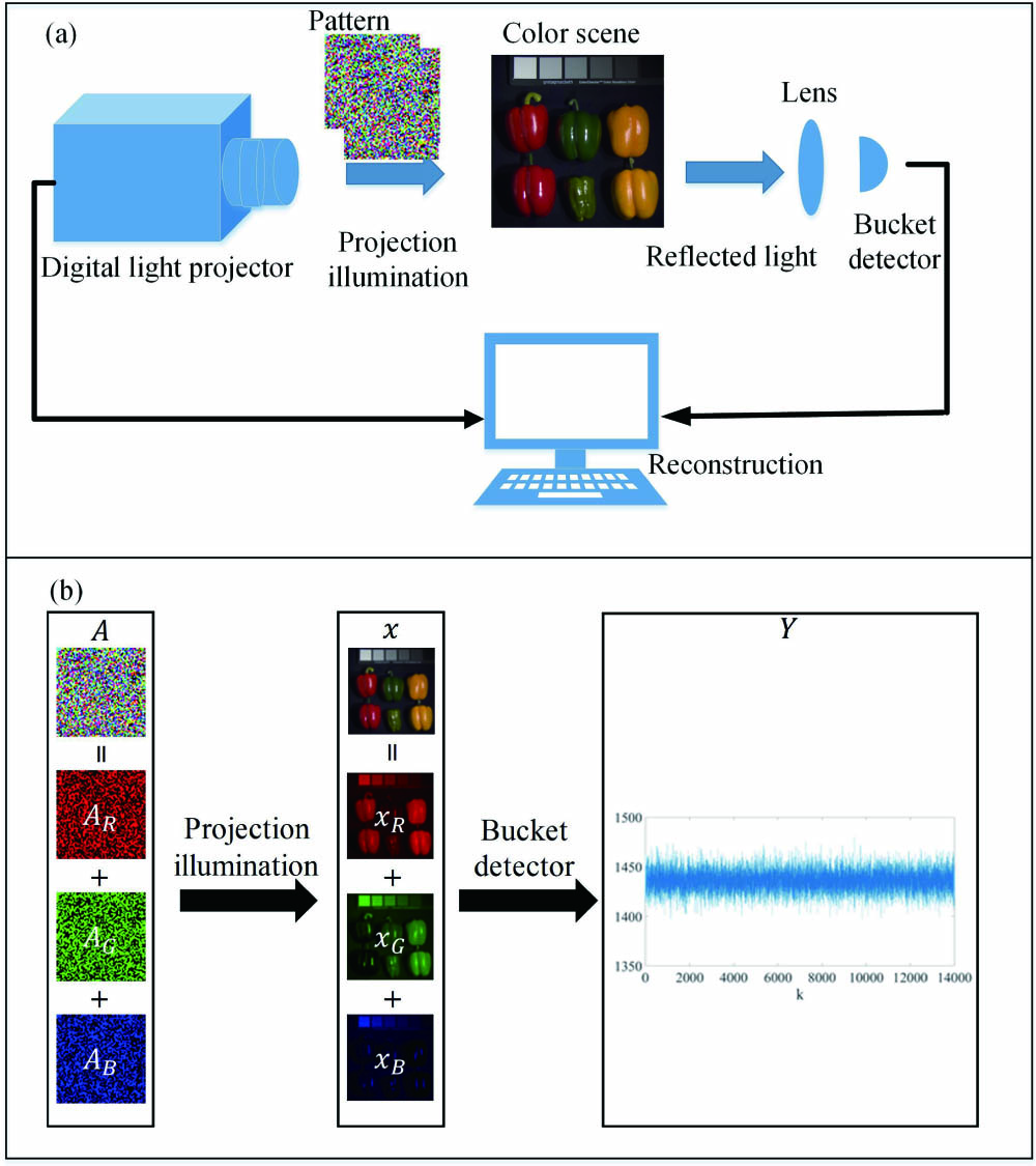 (a) Principle scheme of proposed color ghost imaging and (b) its sampling model.