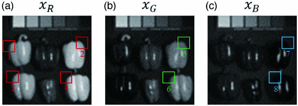 Illustration of non-local self-similarity in the spatial domain for a single-wavelength image and in the spectral domain between two wavelength images.