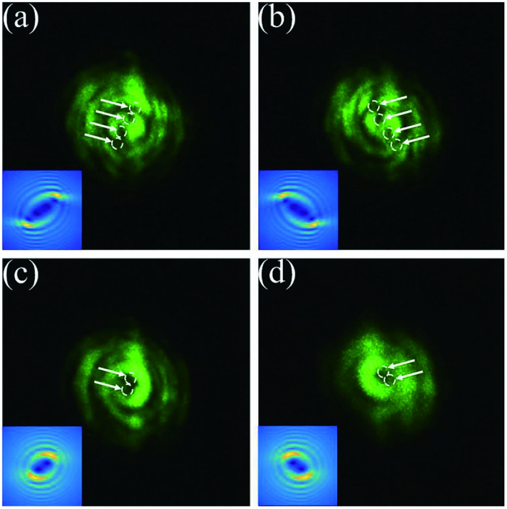Experimental comparison on the intensity patterns of generated SH waves by switching the sign of the TC of the structured FW beam and the obliquity factor, respectively. (a)–(d) Corresponding to cases of input OAM and obliquity factors that are l1 = +2, a = 3, l1 = −2, a = 3, l1 = 1, a = +2, and l1 = 1, a = −2, respectively. The insets are the corresponding simulation of SH vortex beams. The experiments are in good agreement with the simulations.