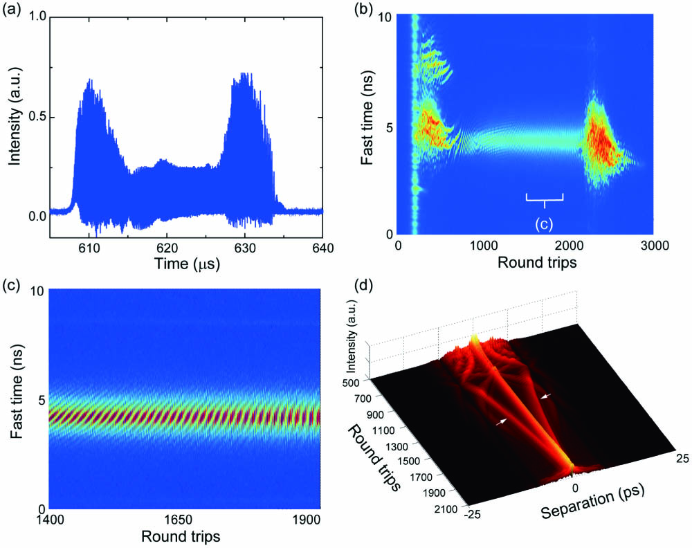 (a) Time-domain sequence of a transient ML state and (b) the corresponding TS-DFT results displayed in a 2D map. (c) Zoom-in of (b) showing the spectral dynamics of the evolving pulses. (d) The field autocorrelation traces calculated with the Fourier transform of each TS-DFT spectrum in (b).