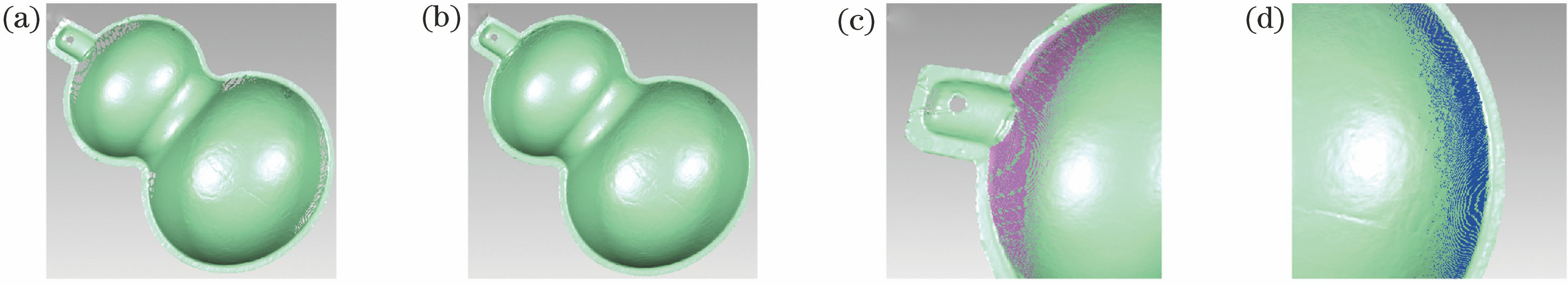 葫芦模型实验结果。(a)两端和中间部位存在缺失的双目重建结果;(b)所提方法插补的重建结果;(c)插补后的左端点云数据;(d)插补后的右端点云数据