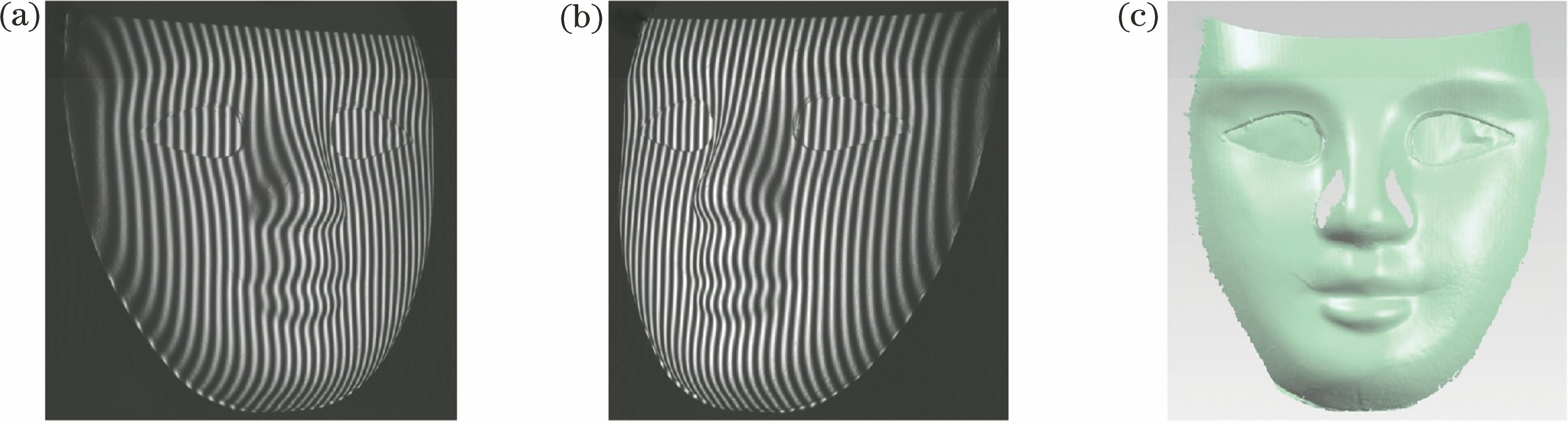 双目视觉系统测量数据展示。(a)左相机成像变形条纹图;(b)右相机成像变形条纹图;(c)人脸面具重建结果