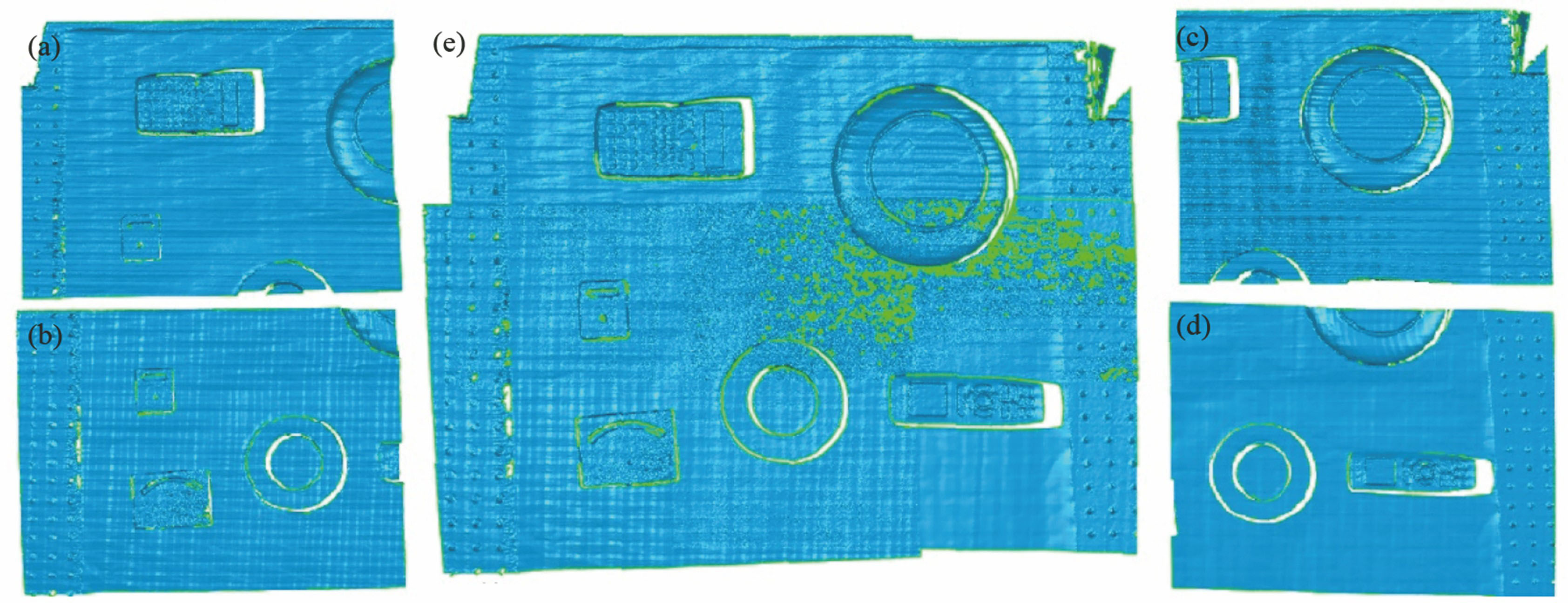 三维重建结果。(a) 1号相机;(b) 2号相机;(c) 3号相机;(d) 4号相机;(e)合并