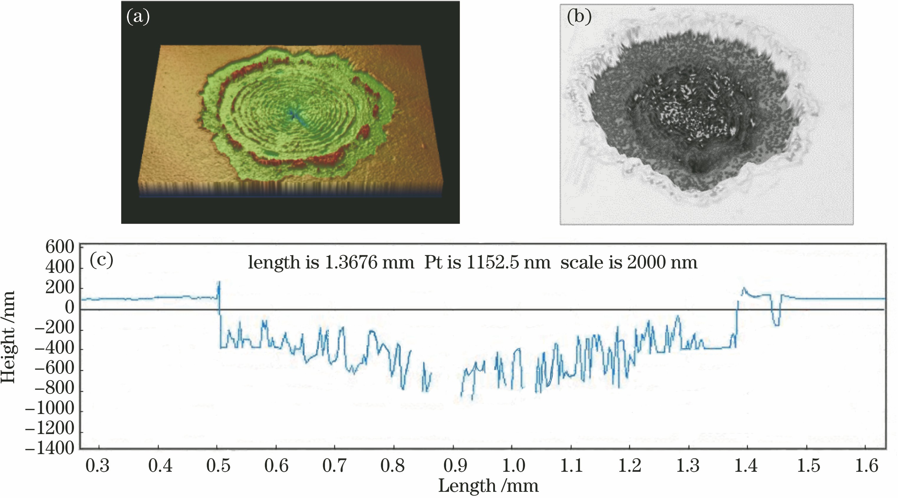 1号样品的仪器测试结果。(a) Vision软件处理所得形貌图;(b) T-H轮廓仪处理所得形貌图;(c) T-H轮廓仪中软件处理所得剖面轮廓线