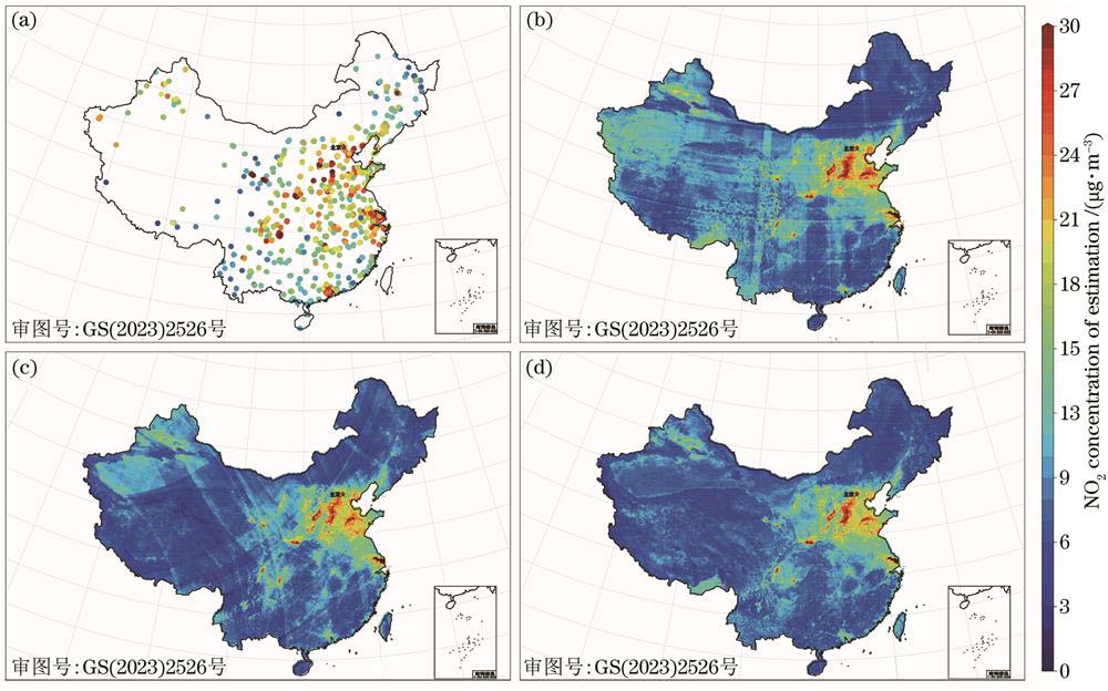 地面站分布对估算结果的影响。(a)地面站分布情况;(b)加入经纬度坐标特征的模型估算情况;(c)加入球面坐标特征的模型估算情况;(d)去掉样本地理位置信息特征的模型估算情况