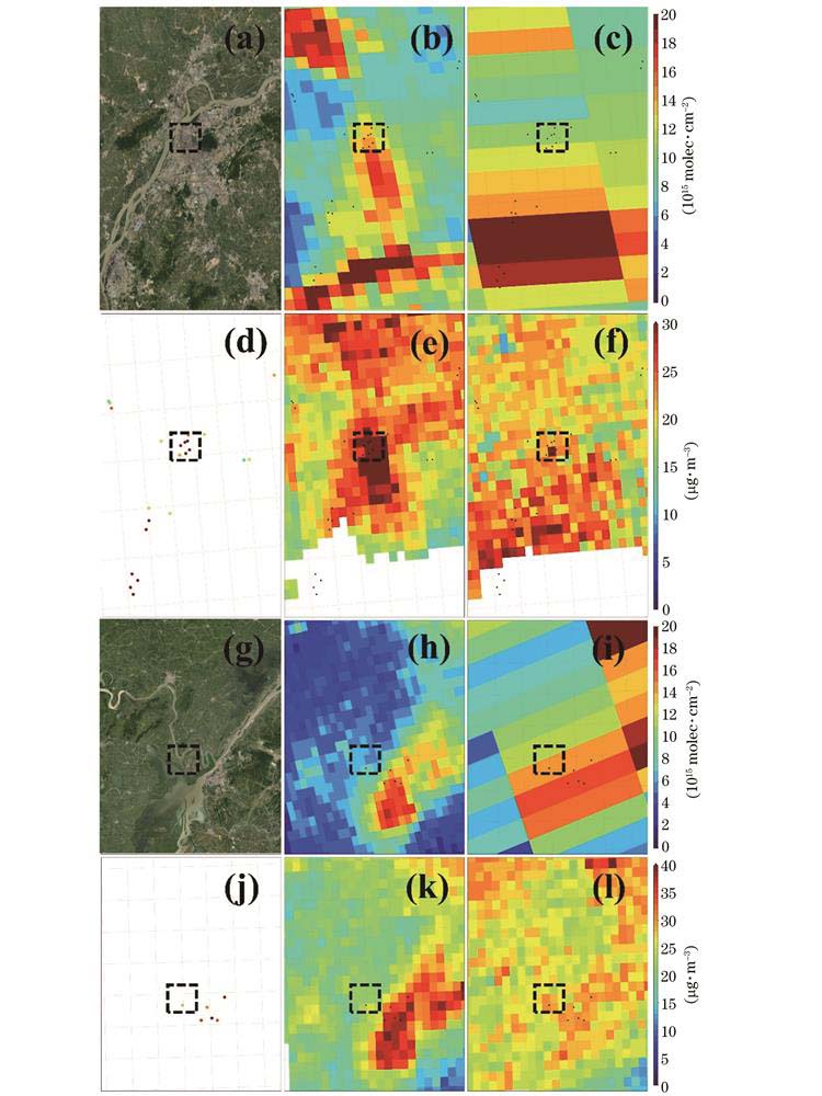 TROPOMI和OMI观测数据空间分辨率对比分析。(a)中国东南部区域的Google Earth卫星图像;(b)TROPOMI L2级轨道数据;(c)OMI L2级轨道数据;(d)地面站观测数据;(e)TROPOMI估算结果;(f)OMI估算结果;(g)中国中部区域的Google Earth卫星图像;(h)TROPOMI L2级轨道数据;(i)OMI L2级轨道数据;(j)地面站观测数据;(k)TROPOMI估算结果;(l)OMI估算结果