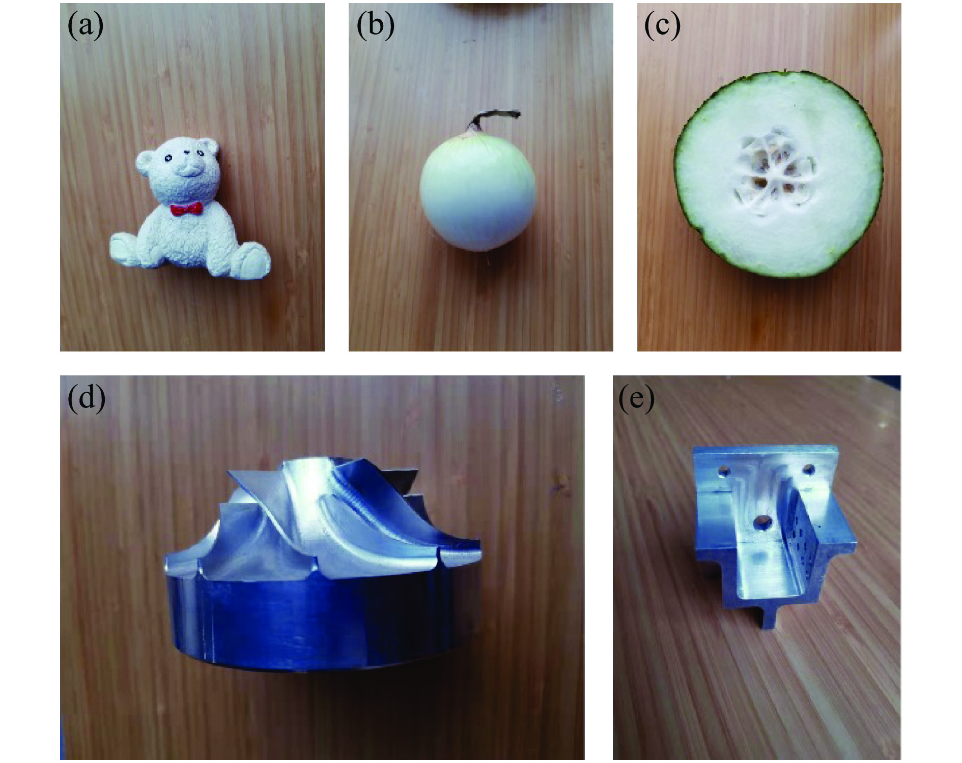 Measured objects in the compound scene; (a) gypsum bear; (b) onion; (c) white gourd; (d) turbine blade; (e) metal parts