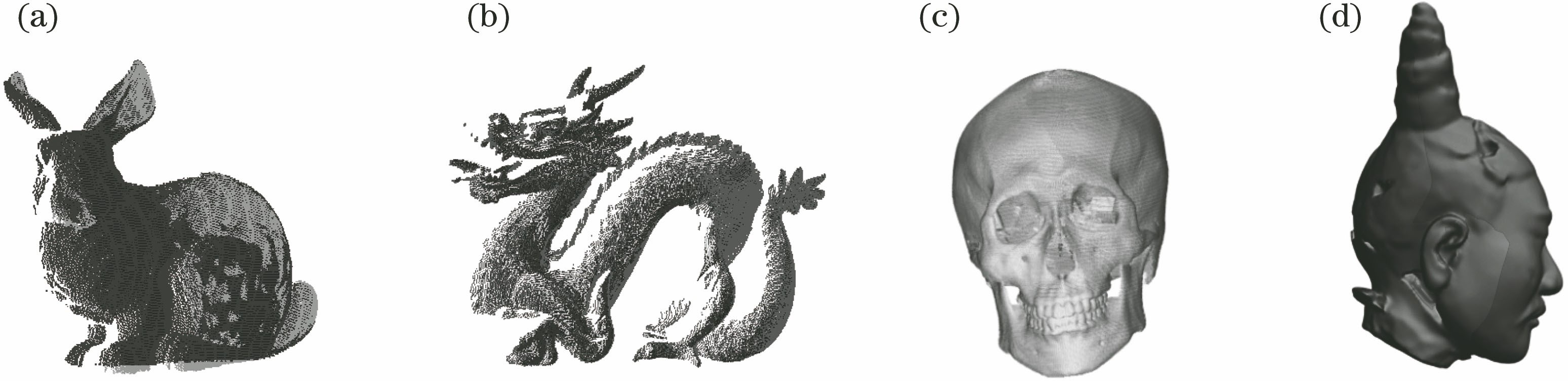 4组点云的精配准结果。(a) Bunny;(b) Dragon;(c)颅骨;(d)文物