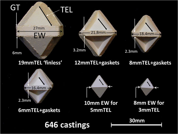 Ceramacast 646 pressure media for use in multianvil pressurizations. Dimensional abbreviations: TEL = truncated edge length of the triangular corner facet on a tungsten carbide anvil, which will mate to the pressure medium’s triangular octahedral face. GT = gasket thickness. EW = equatorial width. Regular octahedra of 10 mm and 8 mm EW without integral cast gaskets are for mating to 5 mm and 3 mm TEL anvils with COMPRES pyrophyllite gaskets.