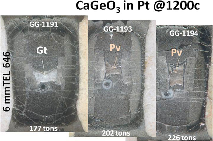 CaGeO3 polymorphs wrapped in Pt display color differences: garnet is white, perovskite is tan/pink.