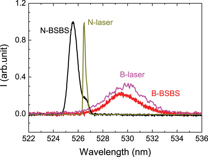 Broadband and narrowband laser-driven BSBS integrated spectra and the spectra of the incident laser.