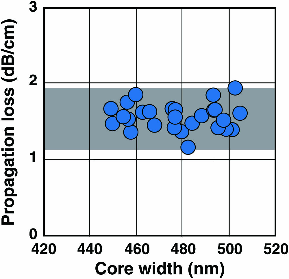 Core width dependence of the waveguide propagation loss.