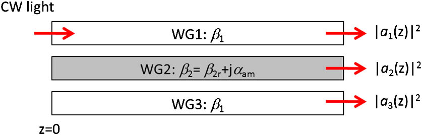 Top view of 3w symmetric coupler with one central active waveguide and two adjoining passive waveguides. CW light is launched from WG1.