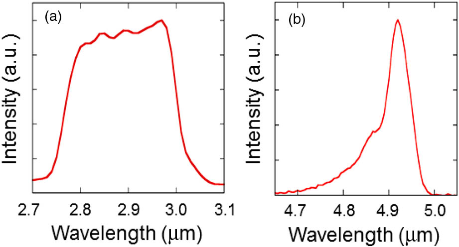 Observed optical spectra of generated MIR comb at wavelengths of (a) 2.9 and (b) 4.9 μm.