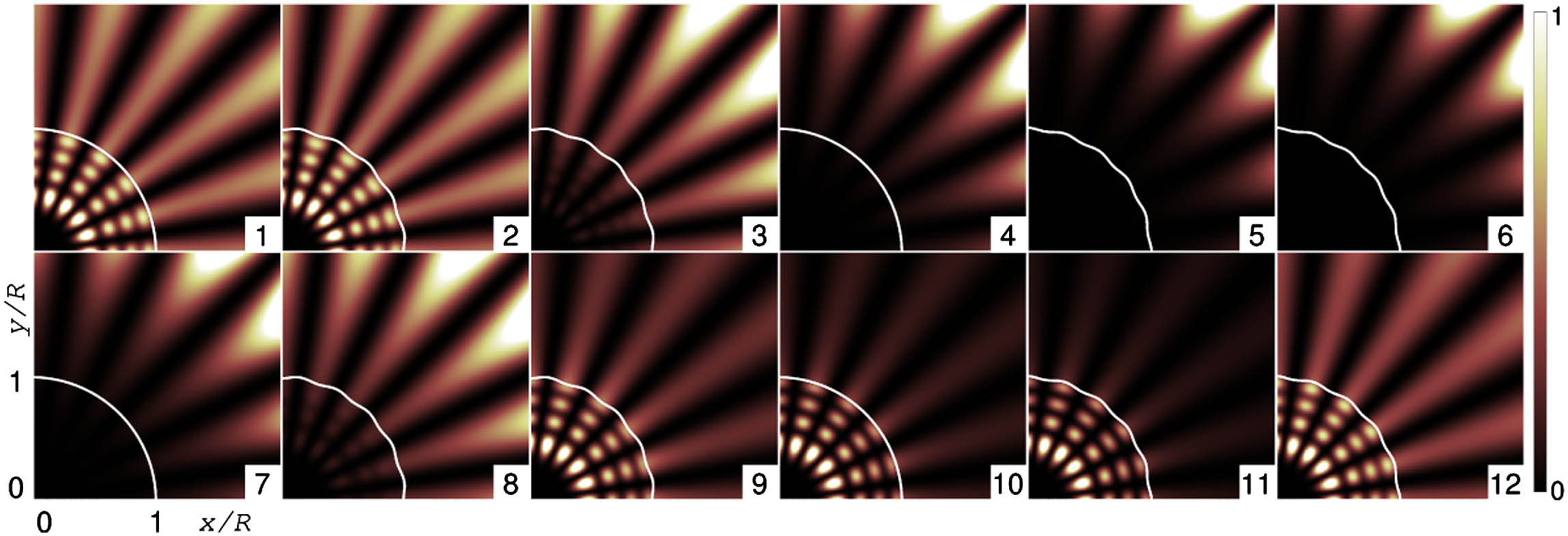 Intensity mode pattern |ψ(x,y)|2 in the microflower cavity corresponding to the marked points in Fig. 6 with the same labels. The white circular and corrugated curves are the cavity boundaries.