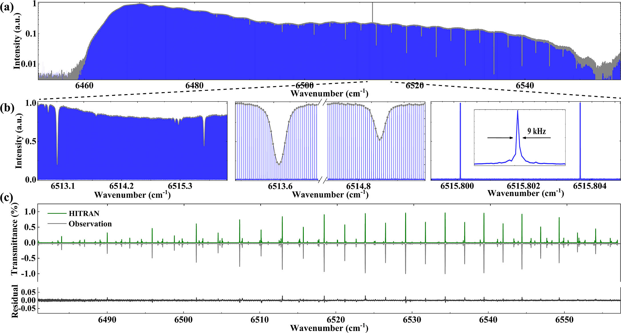Comb-mode-resolved DCAS. (a) Broadband optical spectrum (log scale) obtained via FFT from a 10-s-long recording. (b) Zoomed figures display comb-tooth-resolved spectra with absorbed energy modes resulting from C2H2 absorption. The comb-mode spectrum is resolved with an optical sampling of 108 MHz. The inset shows an individual comb tooth with a linewidth of 9 kHz in the optical scale. (c) Experimental absorption spectrum (gray curve) of static acetylene with 5 mbar is compared with a spectrum (green curve) computed from the same parameters in the HITRAN database, along with the residuals.