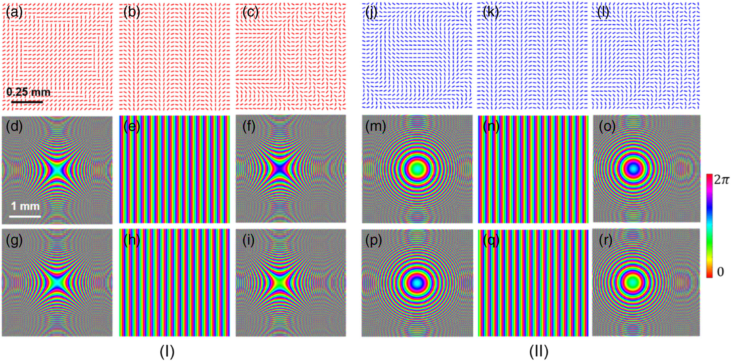 (I) Illustration of the twisting phase adding together with the gradient phase. (a)–(c) Two-dimensional slow-axis orientation patterns of the twisting phase, gradient phase, and combination phase. (d)–(i) Phases introduced to the LCP and RCP light. (II) Illustration of the lens phase adding together with the gradient phase. (j)–(l) Two-dimensional slow-axis orientation patterns of the lens phase, gradient phase, and combination phase. (m)–(r) Phases introduced to the LCP and RCP light.