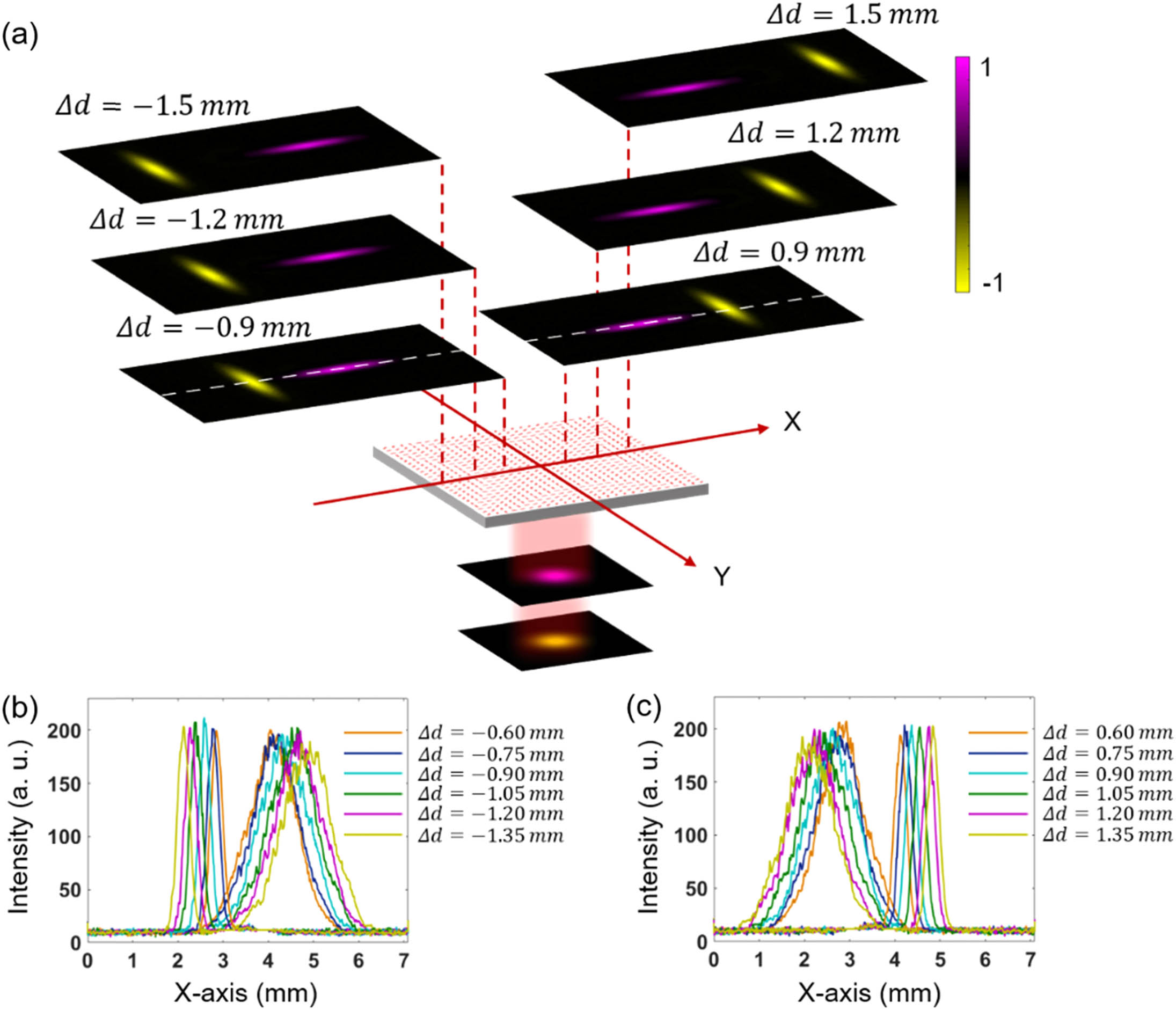(a) Measured Stokes parameters S3 of the linearly polarized Gaussian beams at the incident position shifts of ±0.9,±1.2, and ±1.5 mm. (b) and (c) Intensity curves corresponding to the white dashed lines across the intensity images at the incident position shifts of ±0.60,±0.75,±0.90,±1.05,±1.20, and ±1.35 mm.