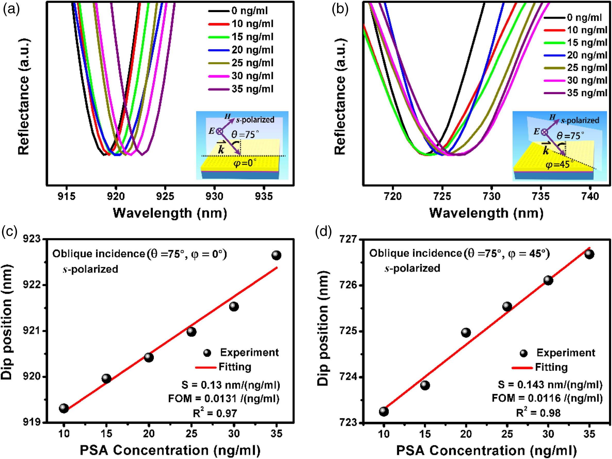 Comparisons of the sensitivity under different azimuthal angles with the s-polarized light. (a), (b) Experimentally measured reflectance spectra with different PSA concentrations ranging from 10 to 35 ng/mL after normalization. Inset: Schematic drawings of excitation configurations. (c), (d) Resonance wavelength positions of plasmonic modes extracted from (a) and (b) as a function of PSA concentration. The S and R2 denote the sensitivity and the correlation coefficient of the linear fitting, respectively. Note that the FWHM values are about 10 nm and 12 nm in (a) and (b), respectively.