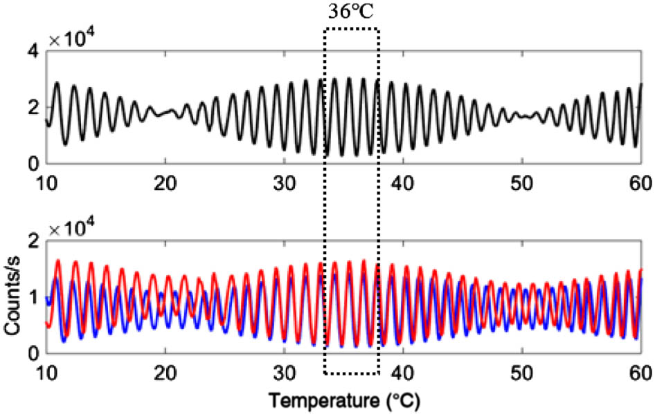 Interference fringes of the TE (red) and TM (blue) modes versus device temperature, scanned from 10°C to 60°C for Bob’s 740 ps delay AMZI chip. The top black curve is the sum of the TE and TM modes.