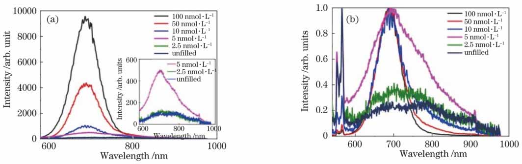 悬浮芯光纤测得的不同浓度悬浮液中量子点的(a)原始荧光光谱和(b)归一化荧光光谱