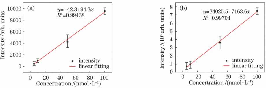 悬浮芯光纤测得量子点荧光(a)峰值强度与(b) 600~800 nm面积积分强度与浓度的线性关系