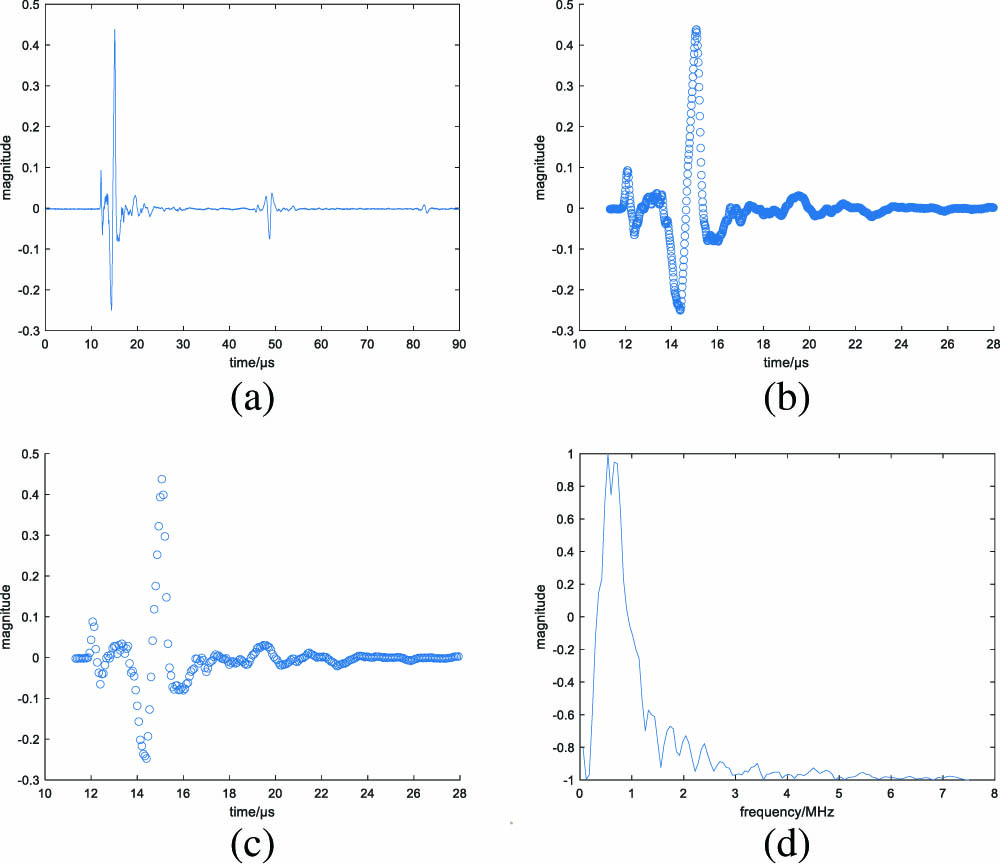 Each diagram corresponds to one stage of signal processing. (a) The raw time domain PA signal. (b) Truncated time domain PA signal. (c) Time domain PA signal of further sampling in (b); it retains the information of (b) but has a larger interval between adjacent points (scatter diagrams are utilized to discriminate them). (d) The result of (c) after Fourier transform as an example illustration of the eventual normalized input of the network.