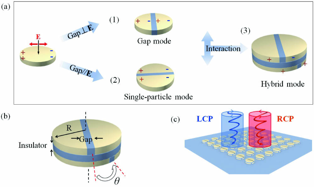Schematic diagram of structural model proposed in this study. (a) The formation of the hybrid mode. (b) The twistedly and vertically aligned MIM structure realized with the rotation of θ. (c) The proposed periodic array of the MIM structure with LCP and RCP plane waves.