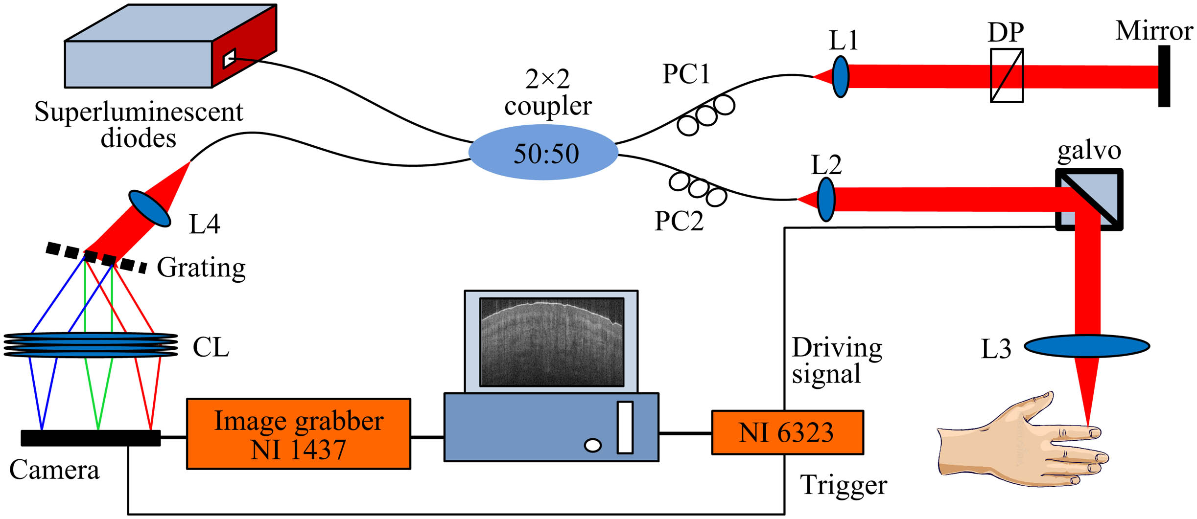 The schematic of the home-built SDOCT system. PC1, PC2: polarization controllers; DP: dispersion compensation pair; L1–L4: achromatic lenses; CL: combination of four achromatic lenses. The CL is obtained by putting the four lenses together in one single-lens mounting tube.