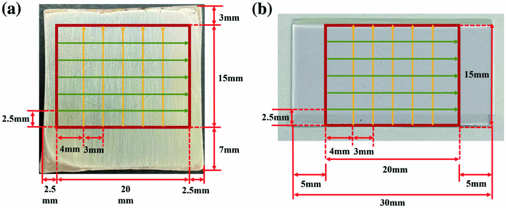 Selected scan position and area of (a) the silver plate and (b) the ITO glass by the probe-type surface contouring instrument.