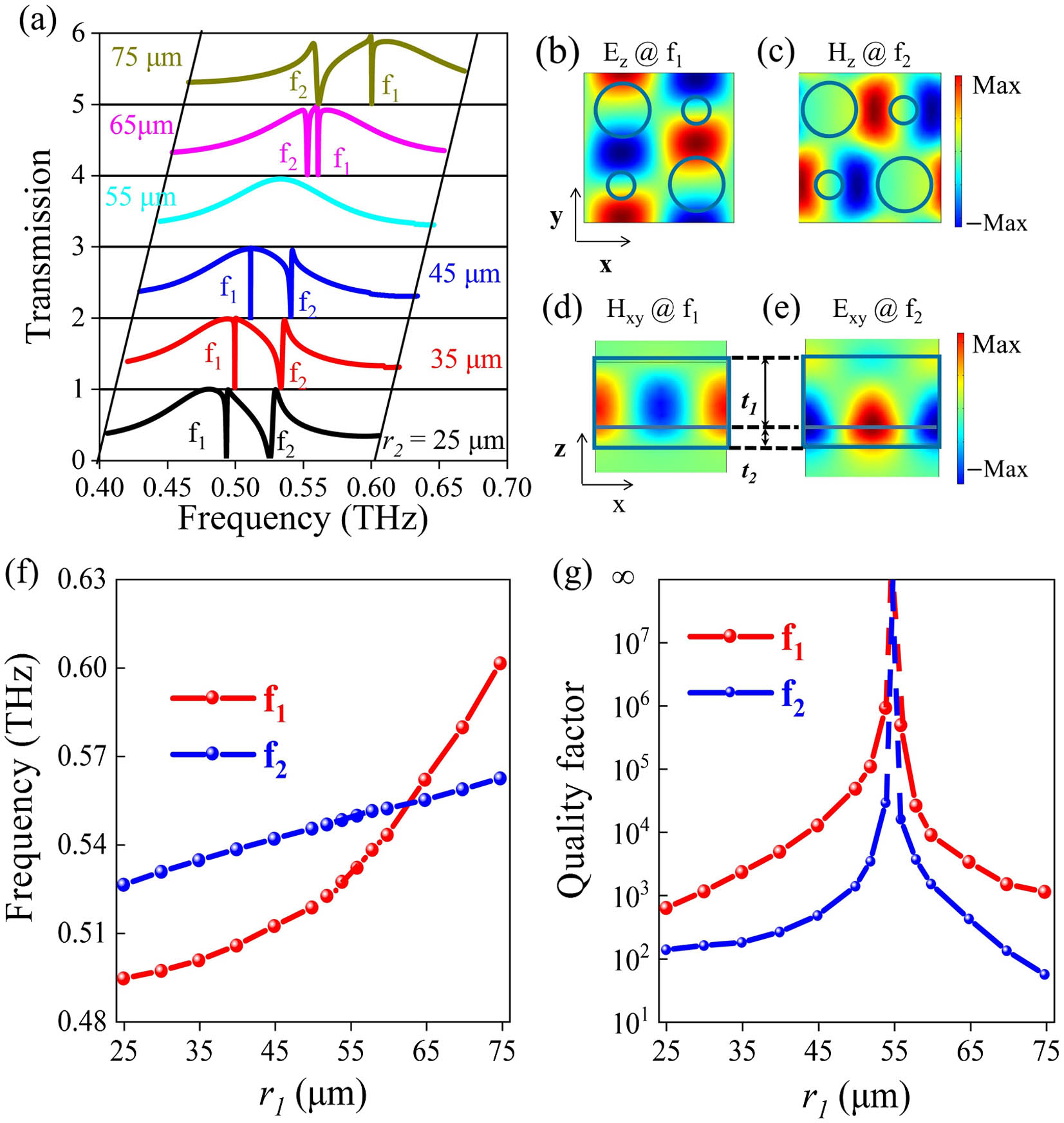 (a) Simulated transmittances of the metasurface with different r1, when r2 = 55 µm. (b)–(e) Near-field electric and magnetic field distributions of resonances f1 and f2 at 0.489 THz and 0.521 THz, when r1 = 25 µm. (f) Resonance frequencies of f1 and f2 with respect to r1. (g) Q-factors of f1 and f2 versus r1.