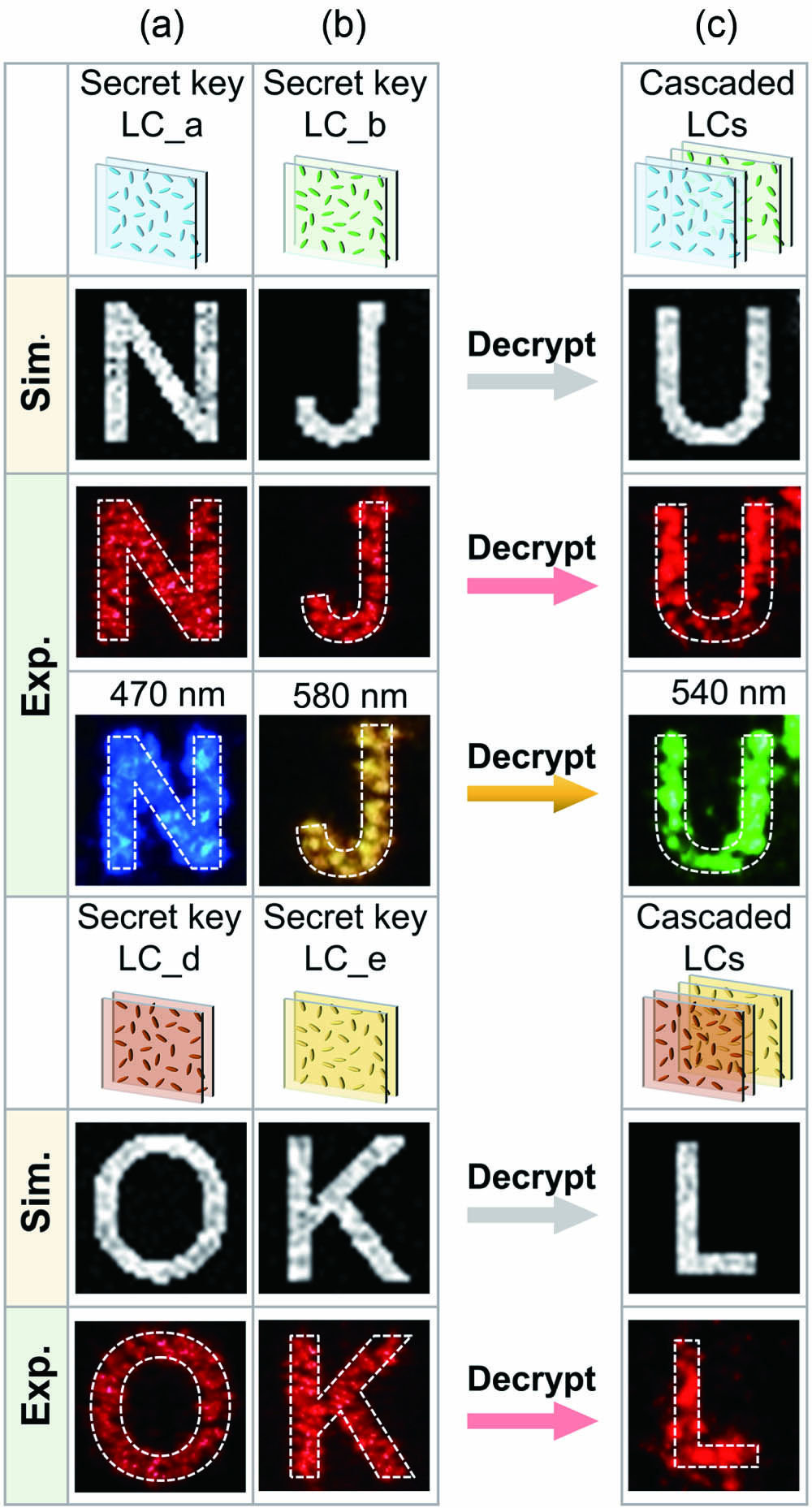 Theoretically and experimentally reconstructed holographic images of letters “N,” “J,” “U,” “O,” “K,” and “L” for cascaded holographic encryption. (a), (b) Reconstructed holographic images (letters “N” and “J” from LC_a and LC_b, and letters “O” and “K” from LC_d and LC_e) in the single-LC framework; (c) holographic images of letters “U” and “L” in the cascaded LC framework. These images are marked by white dotted lines.