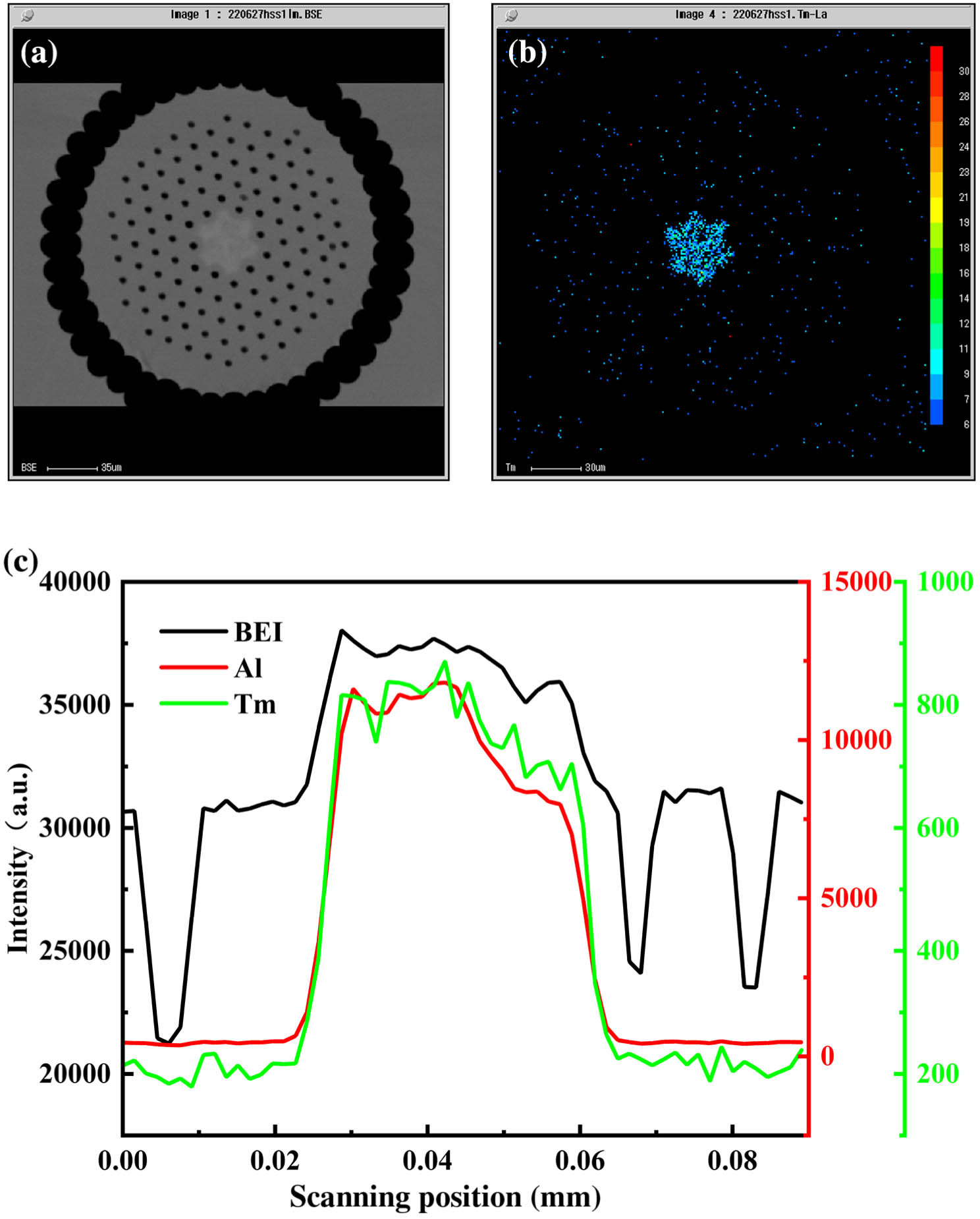 (a) Electron microscope image of Tm/Al co-doped silica fiber; (b) EPMA mapping of the Tm elements in the core; (c) linear analysis of the PCF core.