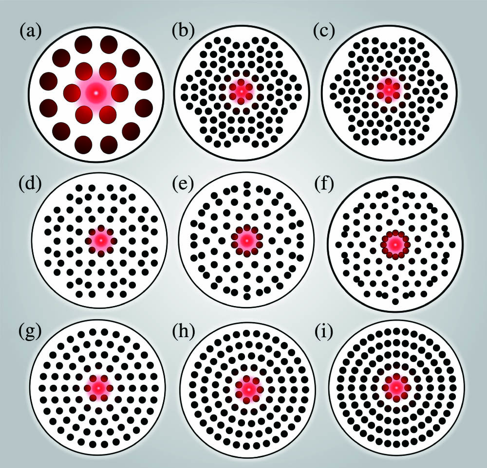 The upper row shows the Stampfli-type PQF. (a) The first-order PQF, (b) the second-order PQF, and (c) the second-order PQF with a π/6 rotation of the near-core ring of the air holes. The middle row shows the Penrose-type PQF. (d) The eight-fold PQF, (e) the ten-fold PQF, and (f) the twelve-fold PQF. The bottom row shows the Sunflower-type PQF. (g) The six-fold PQF, (h) the seven-fold PQF, and (i) the eight-fold PQF.