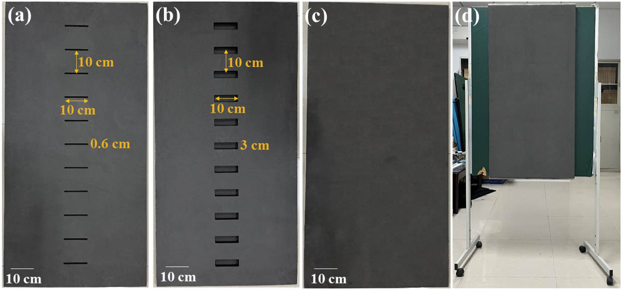 Photograph of the foam board with embedded horizontal strip defects with widths of (a) 0.6 cm and (b) 3 cm; photograph of the (c) defect-free EVA board and (d) blackboard.