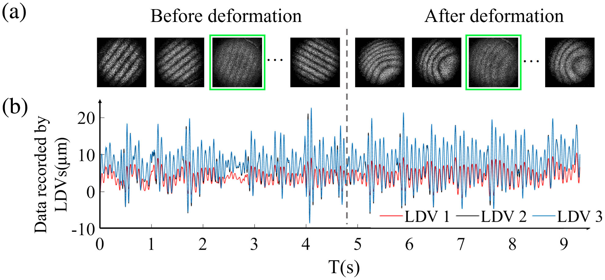 (a) Interferograms before deformation and after deformation and (b) out-of-plane displacement caused by the vibrations recorded by the LDVs.