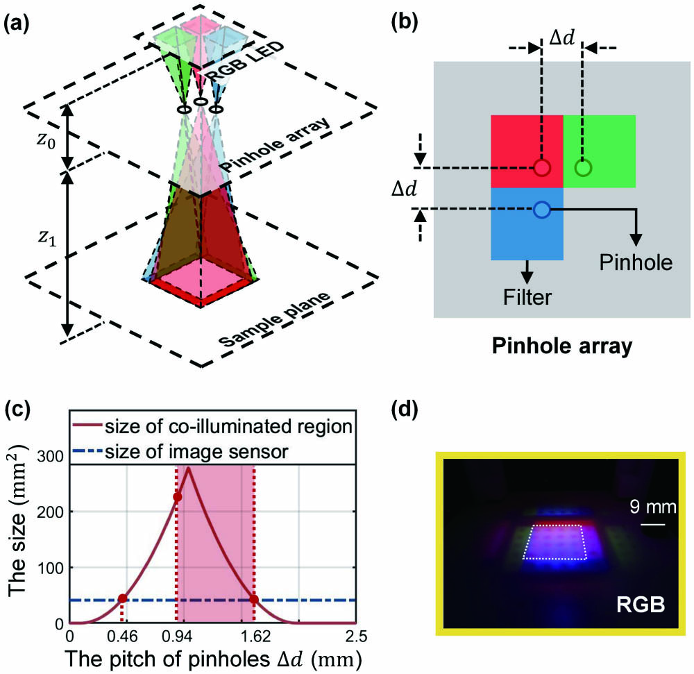 (a) The illumination schematic of the RGB LED filtered by a pinhole array. (b) The schematic diagram of the pinhole array. (c) The effect of the pitch of pinholes (Δd) on the size of the region co-illuminated by the three-color beams, and the red region is the valid pitch of the pinholes. (d) The spot of the RGB LED on the sample plane with the pinhole array.